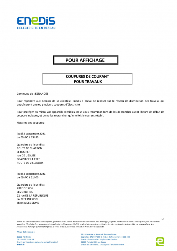 coupure de courant le 02 septembre 2021