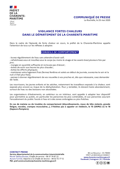 VIGILANCE FORTES CHALEURS DANS LE D&Eacute;PARTEMENT DE LA CHARENTE-MARITIME