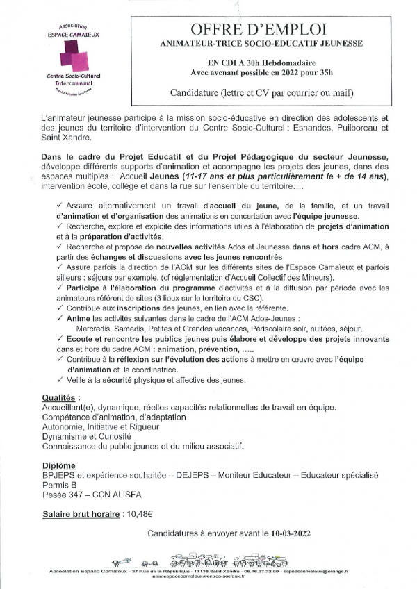 Offre d&#039;emploi Centre Socio-Culturel Intercommunal l&#039;Espace Camaïeux